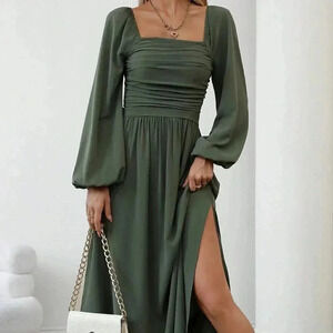Green Elegant Women's Casual Square Neck Pleated Lantern Sleeve Dress